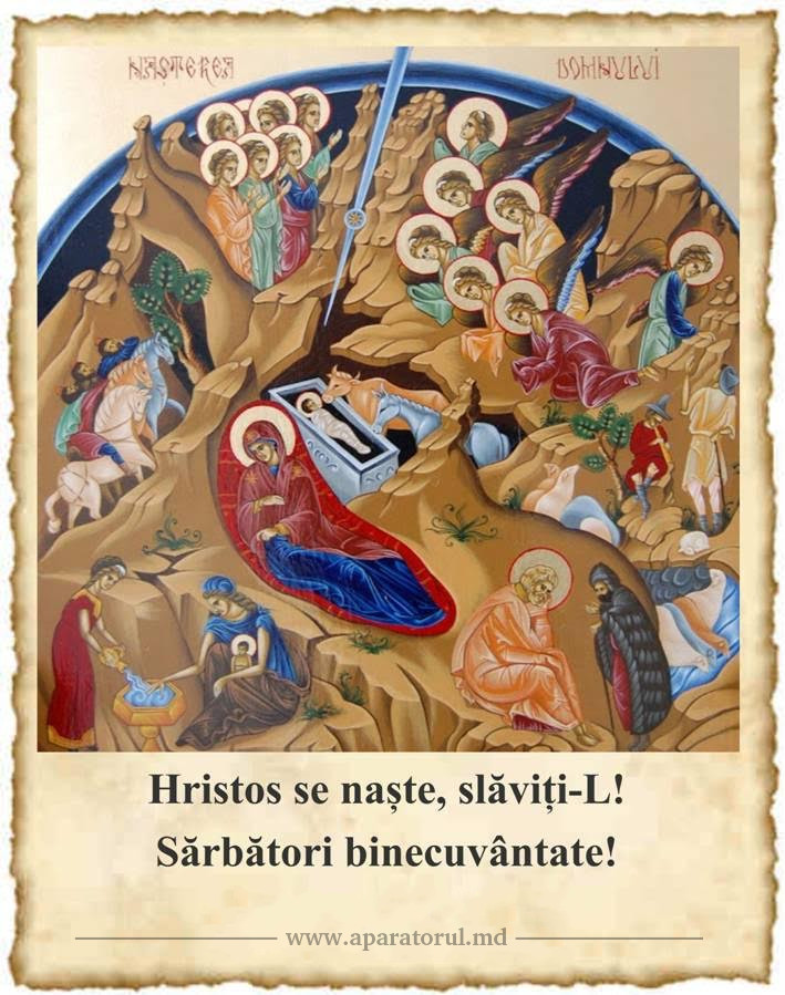 Hristos se naște slăviți-L! Hristos din ceruri, întâmpinați-l!, Hristos pe pământ, înălțați-vă! Cântați Domnului tot pământul!