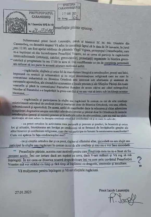 Patriarhia Română a suspendat de la slujire un preot pentru că a refuzat să participe la „rugăciunile interconfensionale” alături de papistaşi și protestanți