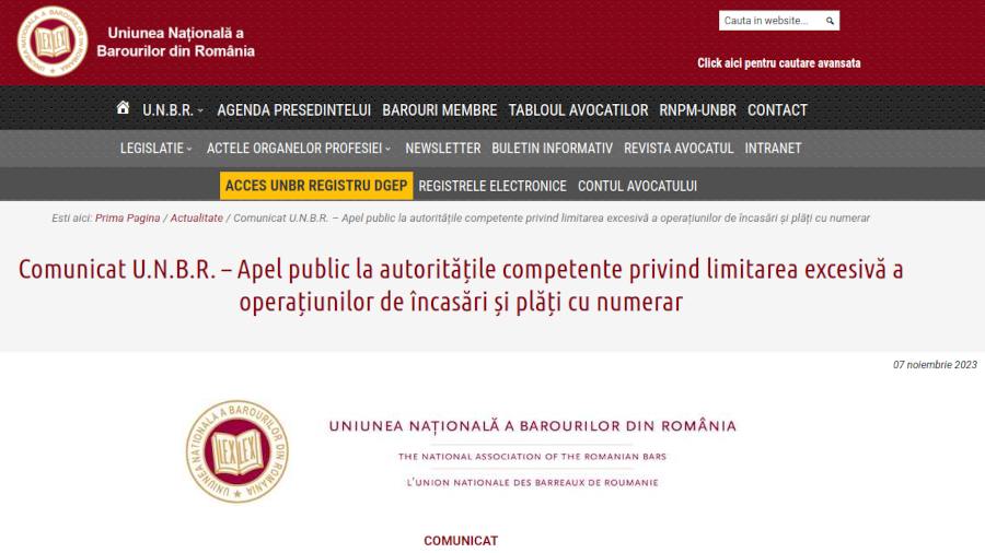 Uniunea Națională a Barourilor din România: Restrângerea/eliminarea numerarului de pe piață nu are nicio justificare. Efecte negative asupra libertăților